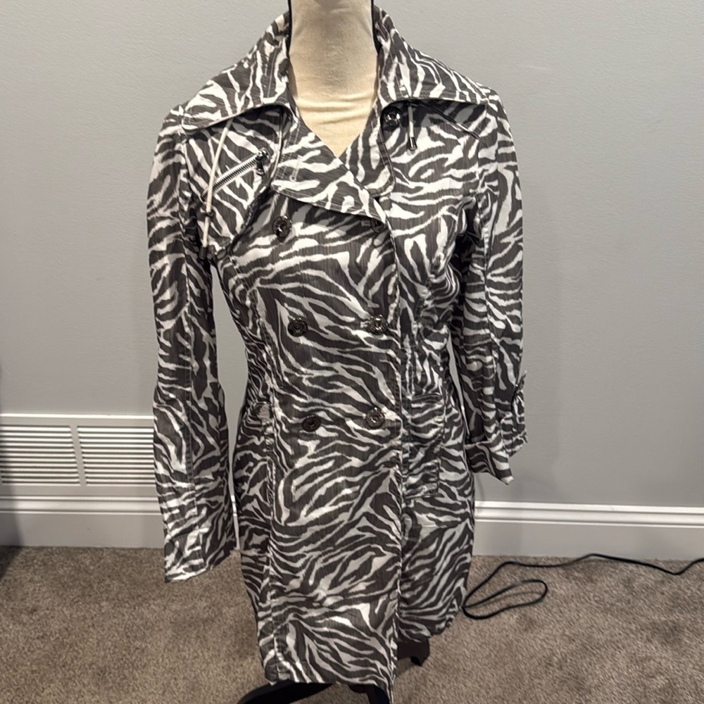 Guess Los Angeles Black and White Zebra Print Trench Coat - Size Small
